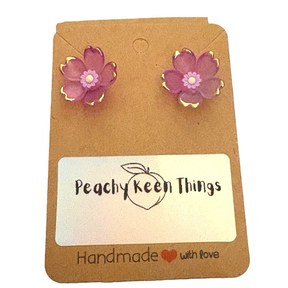 Lucite Cherry Blossom Flower Earrings with Cabohon Centers and 925 Posts. - Picture 6 of 11